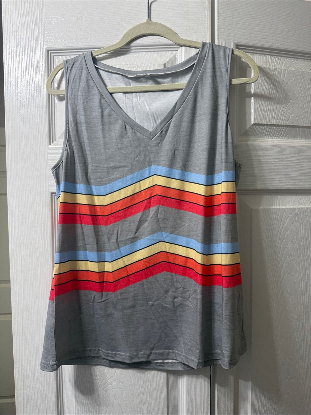 Women's V-Neck Striped Tank Top - Gray with Red, Blue & Yellow Stripes